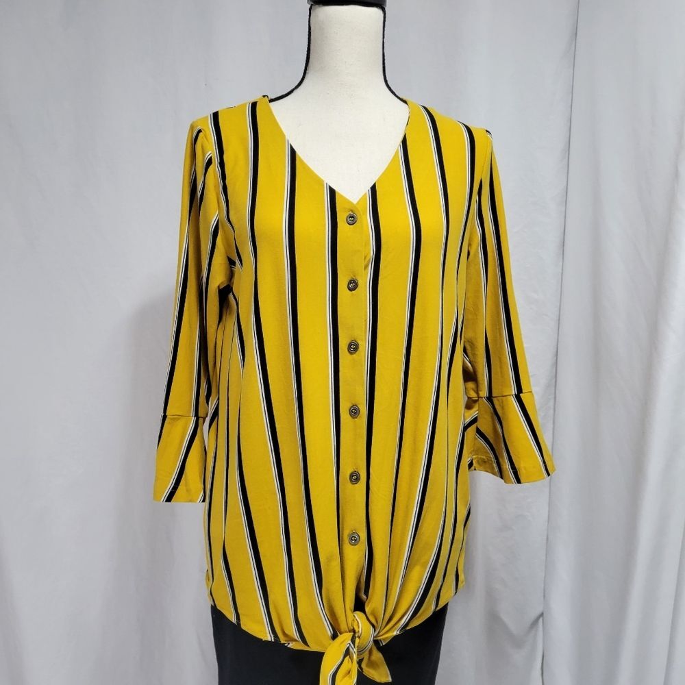 By Design Gold & Black Striped Blouse, Small, Bell Sleeve Tie-Front Top Size S